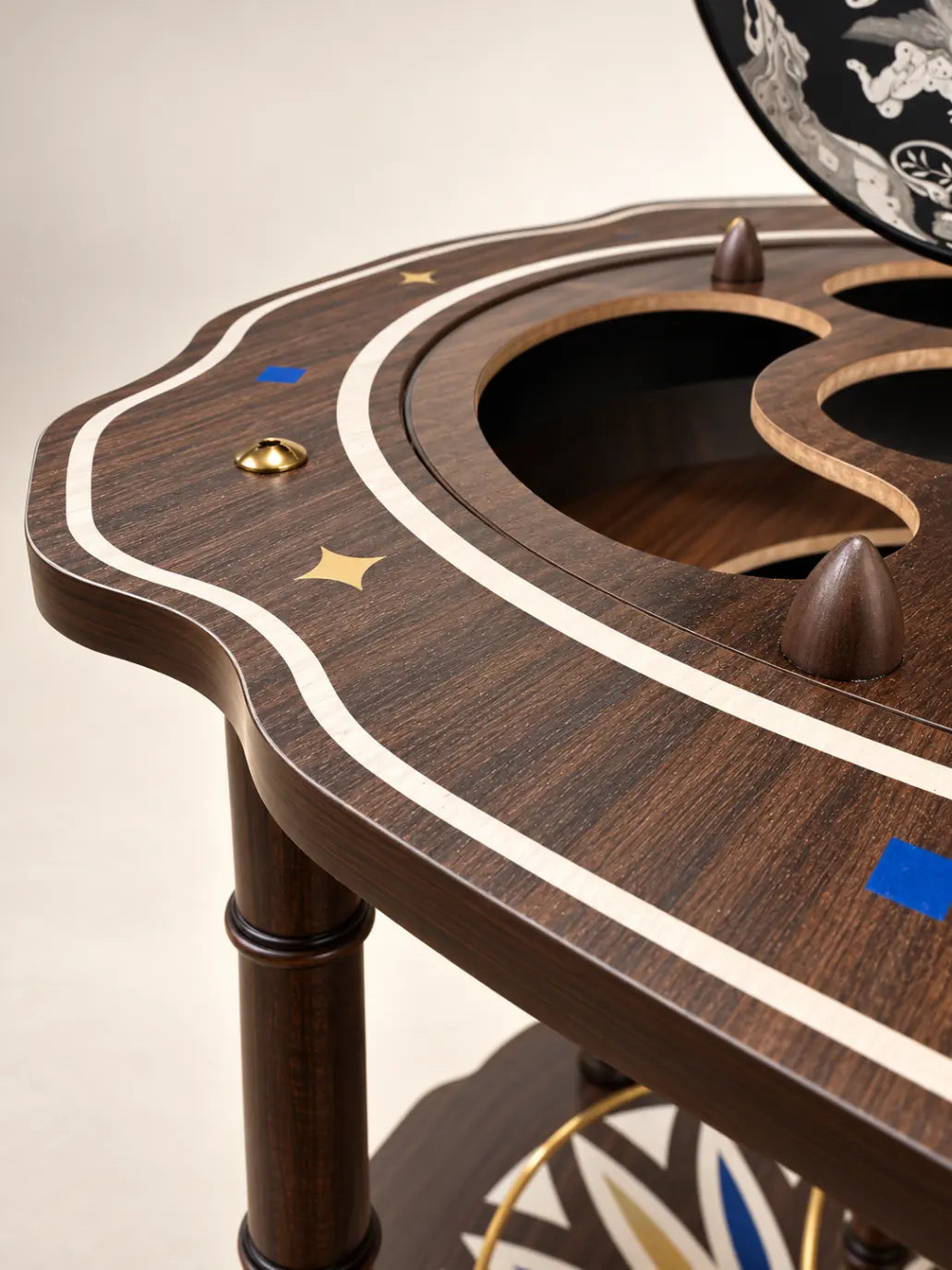 Zoffoli Lapis: detail of the shaped wooden drinks tray and empty bottle compartments.