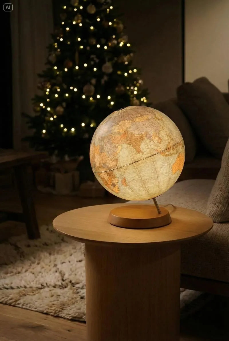 Zoffoli LUME: globe lamp on a round side table in a living room decorated for Christmas.
