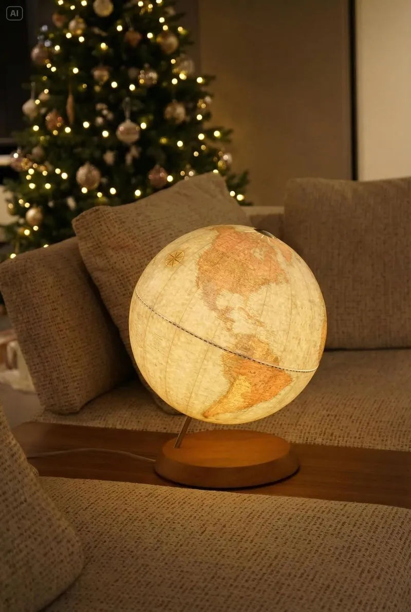 Zoffoli LUME: illuminated globe on a sofa-side table beside a Christmas tree.