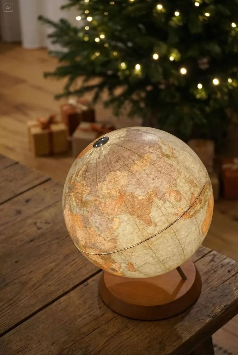 Zoffoli LUME: globe lamp glowing on a wooden table beside a Christmas tree.