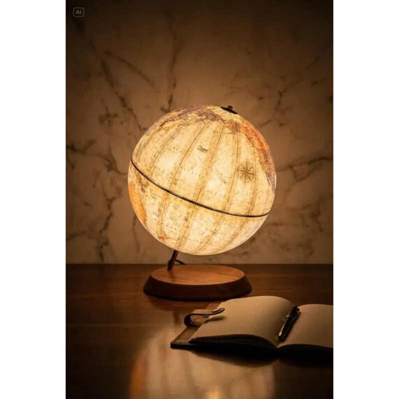 Zoffoli LUME: illuminated desk globe beside an open book in a warmly lit room.