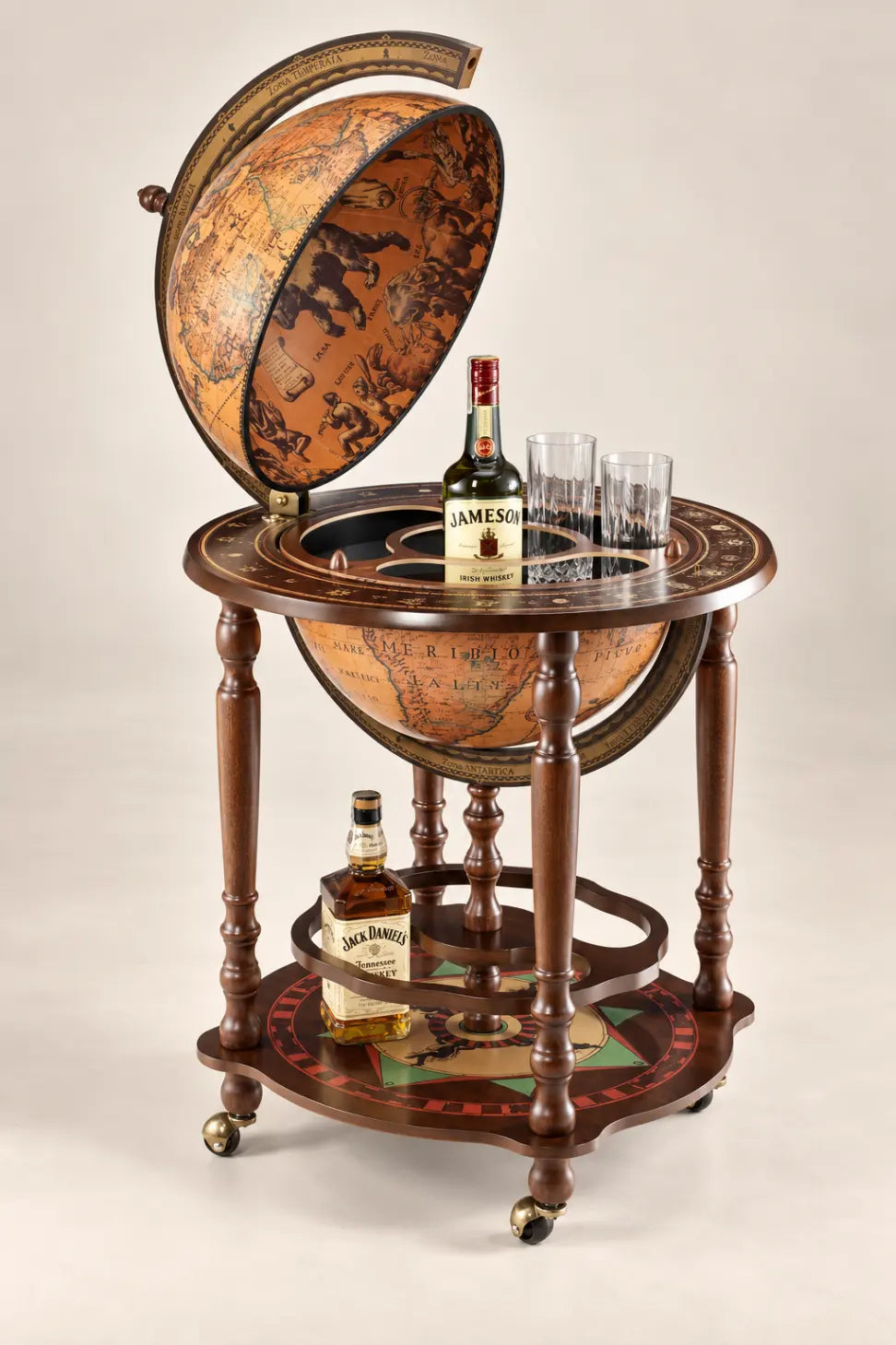 Zoffoli Minosse: Classic globe bar opened with bottles and glasses on the upper tray.
