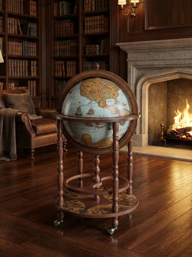 Zoffoli Minerva: Blue Ocean globe bar beside a fireplace and bookcase in a traditional room.