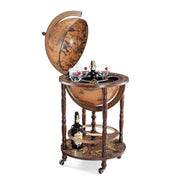 Minerva Classic globe bar by Zoffoli with an open hemisphere, drinks storage and wooden frame.