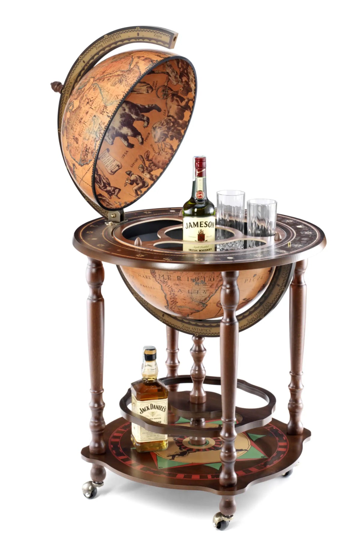 Zoffoli Minosse: Classic globe bar open with bottles, glasses and lower storage shelf.