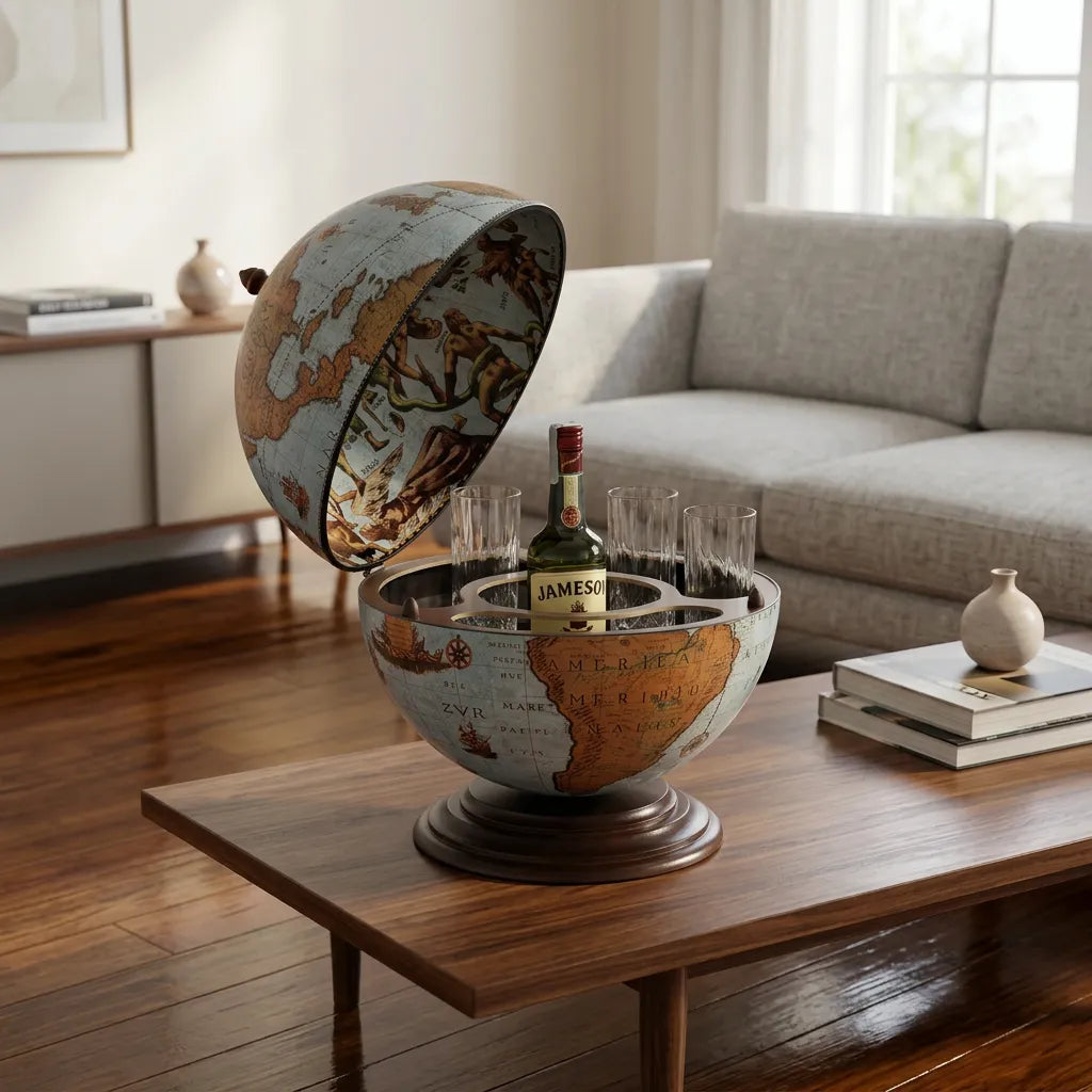 Zoffoli Nettuno: open Blue Ocean tabletop globe bar on a coffee table in a bright living room.