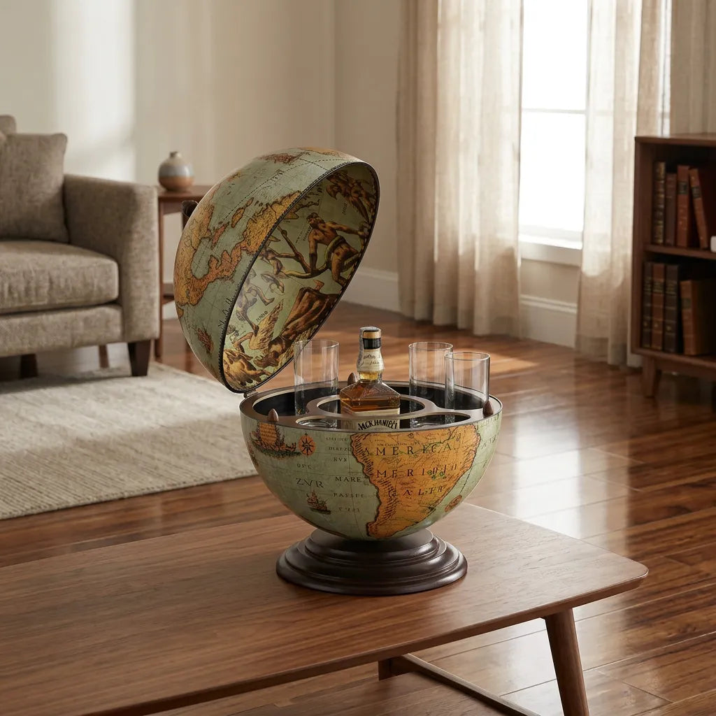 Zoffoli Nettuno: open Lagoon tabletop globe bar on a coffee table in a bright living room.