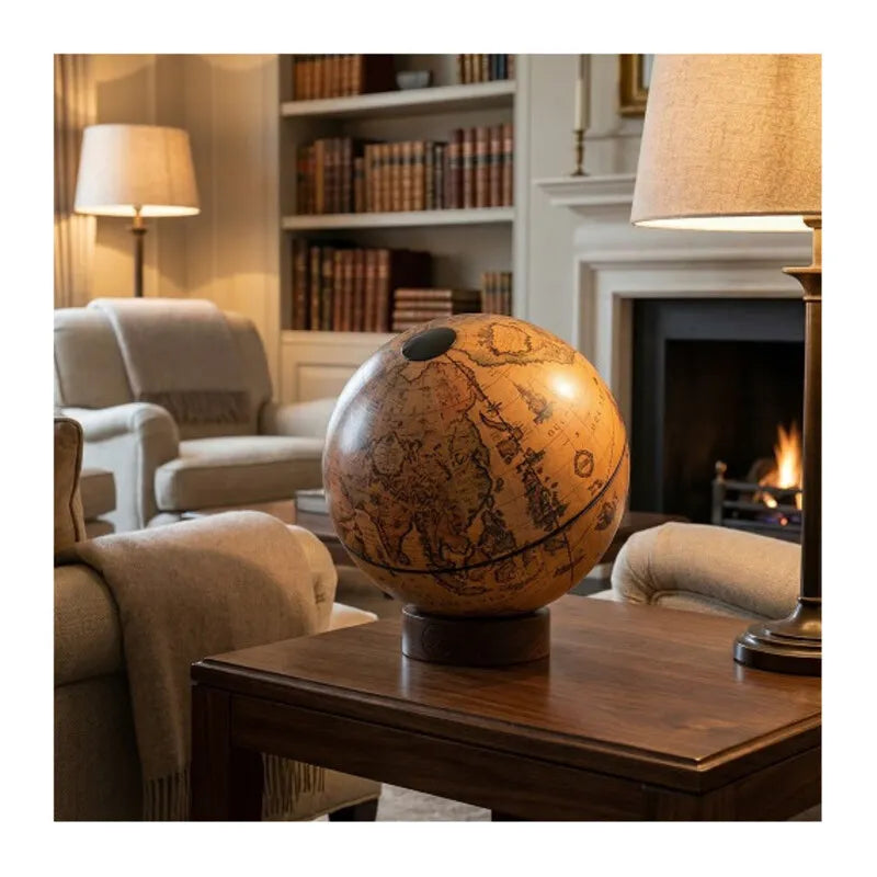 Zoffoli Orbis: Classic Brown globe on a wooden desk in a library with a fireplace.