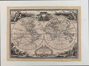 Zoffoli Cassini Captain Cook planisphere print in black and white with two world hemispheres.