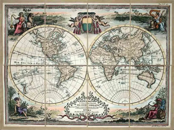Zoffoli colour Cassini Captain Cook world map print with two hemispheres and decorative cartouches.