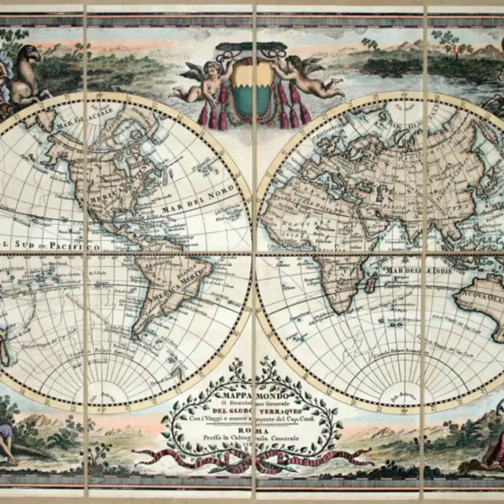 Zoffoli close-up of the coloured Cassini Captain Cook planisphere and decorative border.