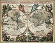 Zoffoli colour Jaillot world planisphere print with two hemispheres and decorative figures.