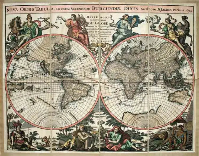 Zoffoli colour Jaillot world planisphere print with two hemispheres and decorative figures.