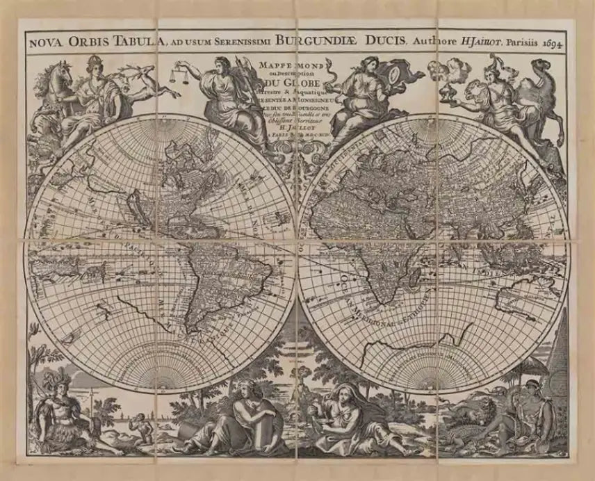 Zoffoli black-and-white Jaillot world map print with two hemispheres.