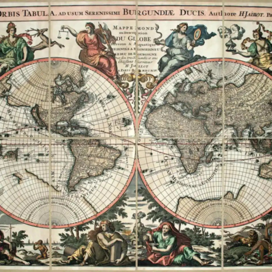 Zoffoli detail of the coloured Jaillot world map and decorative border.