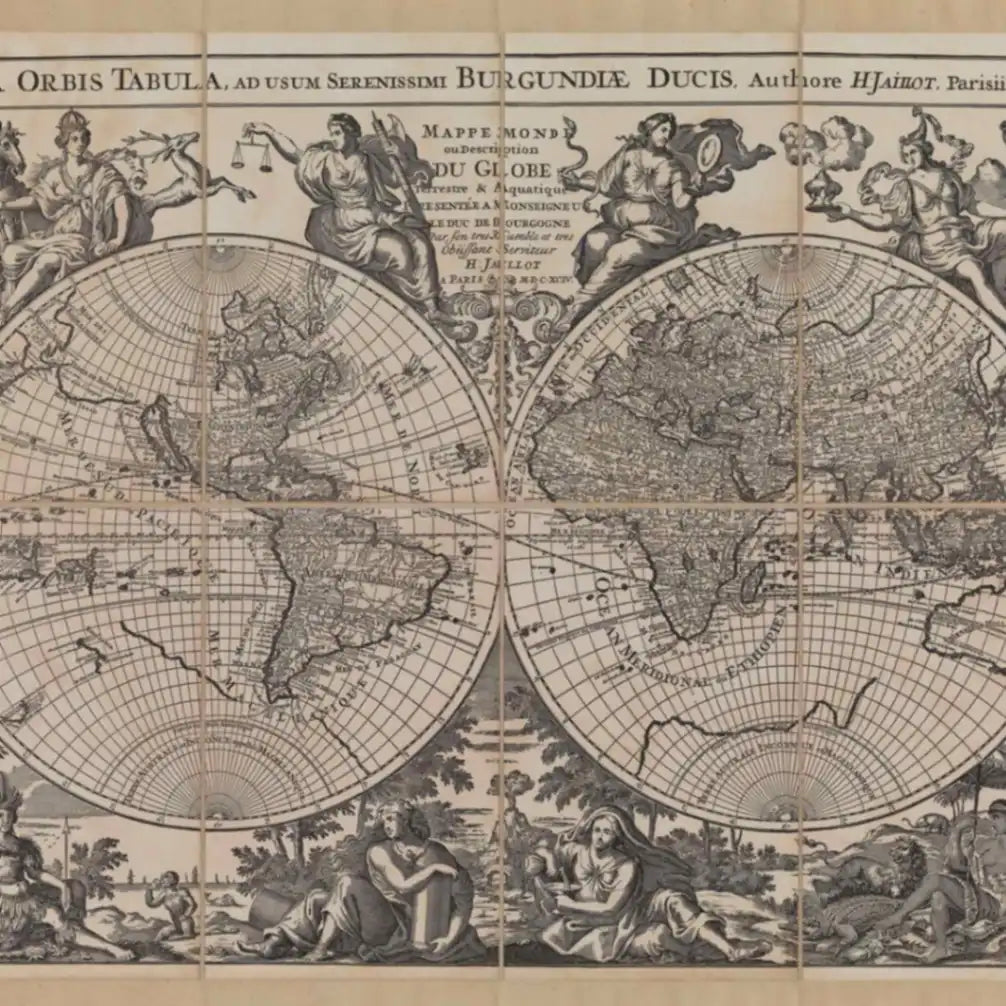 Zoffoli detail of the monochrome Jaillot planisphere and ornamental cartouche.