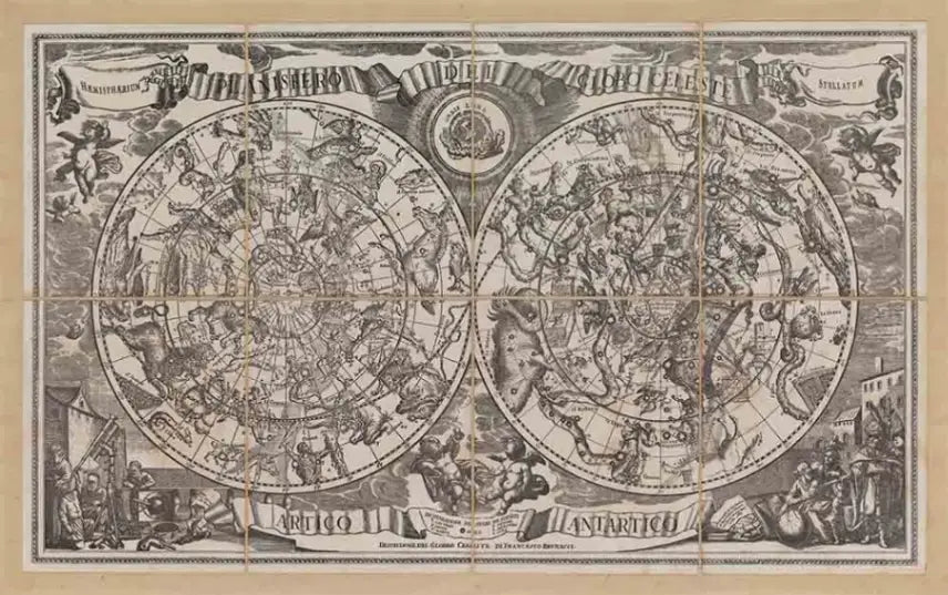 Zoffoli Brunacci celestial planisphere print in black and white with two star charts.