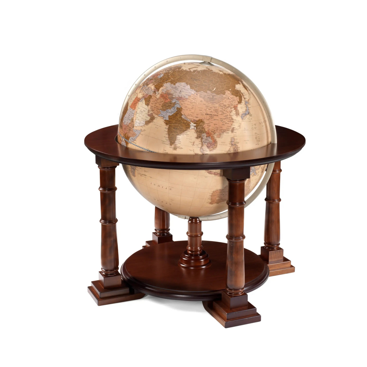 Mappamondo da terra Sirio Albicocca Zoffoli con sfera geografica e struttura a quattro sostegni in legno.