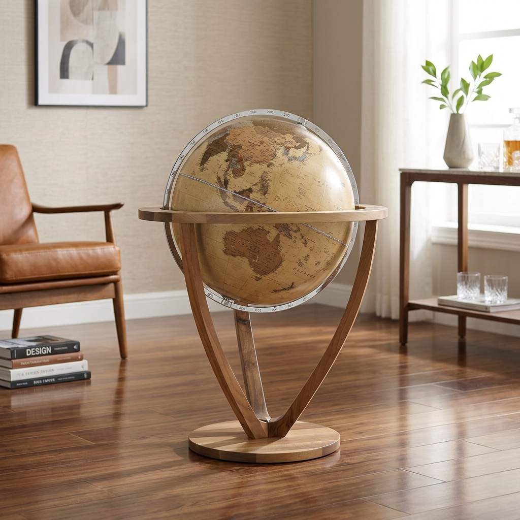 Mappamondo da terra Trilogy Albicocca Zoffoli in un soggiorno luminoso.