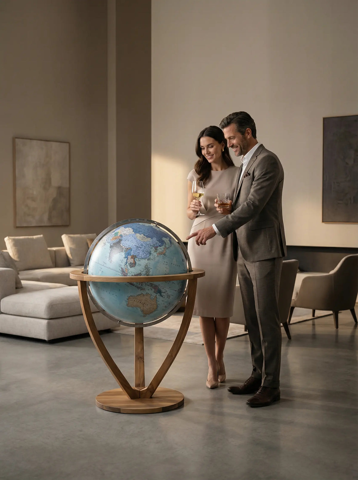 Zoffoli Trilogy: Aquamarine floor globe beside two people in a neutral interior.
