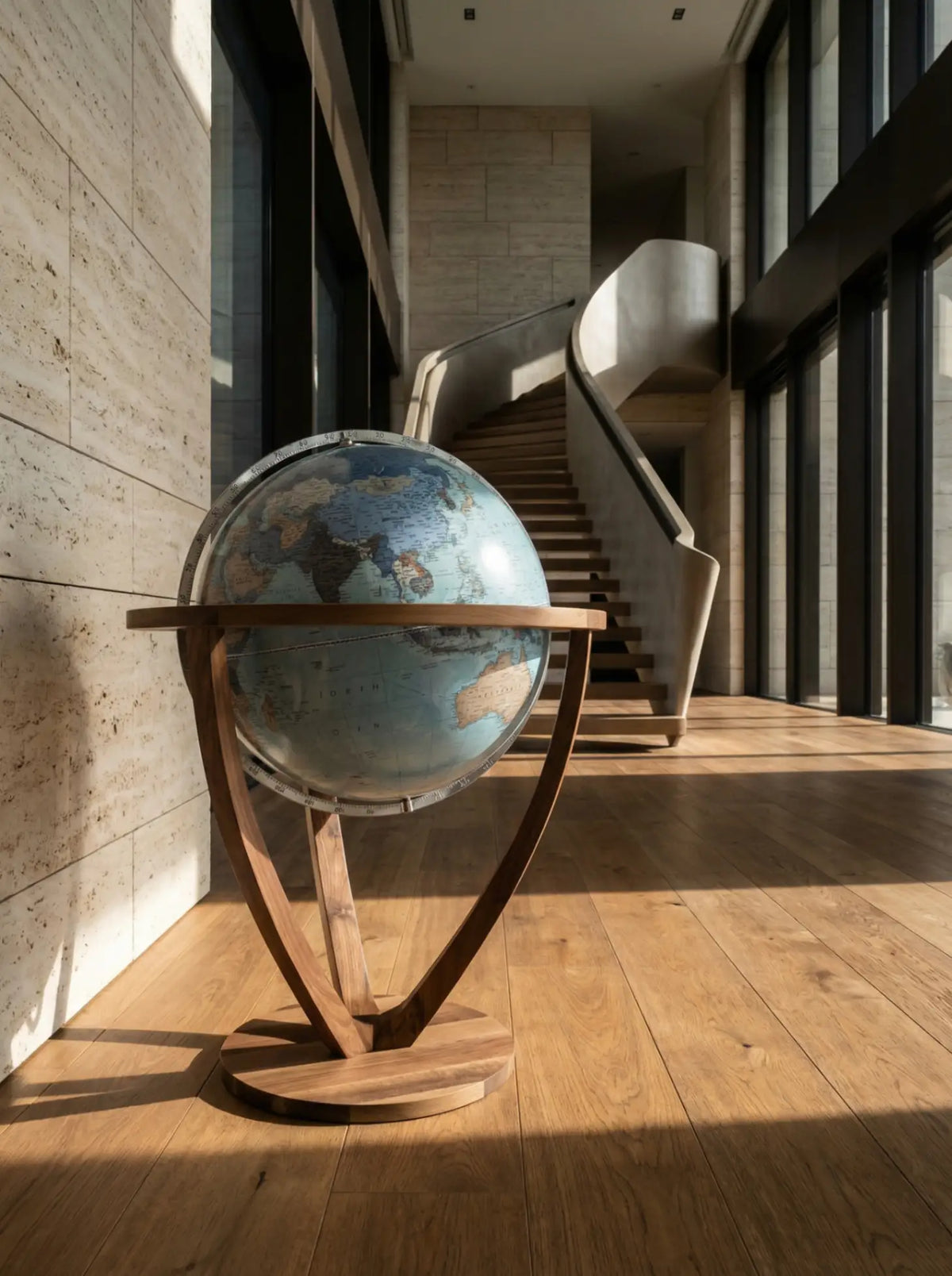 Zoffoli Trilogy: Aquamarine designer globe in a sunlit interior with large windows.