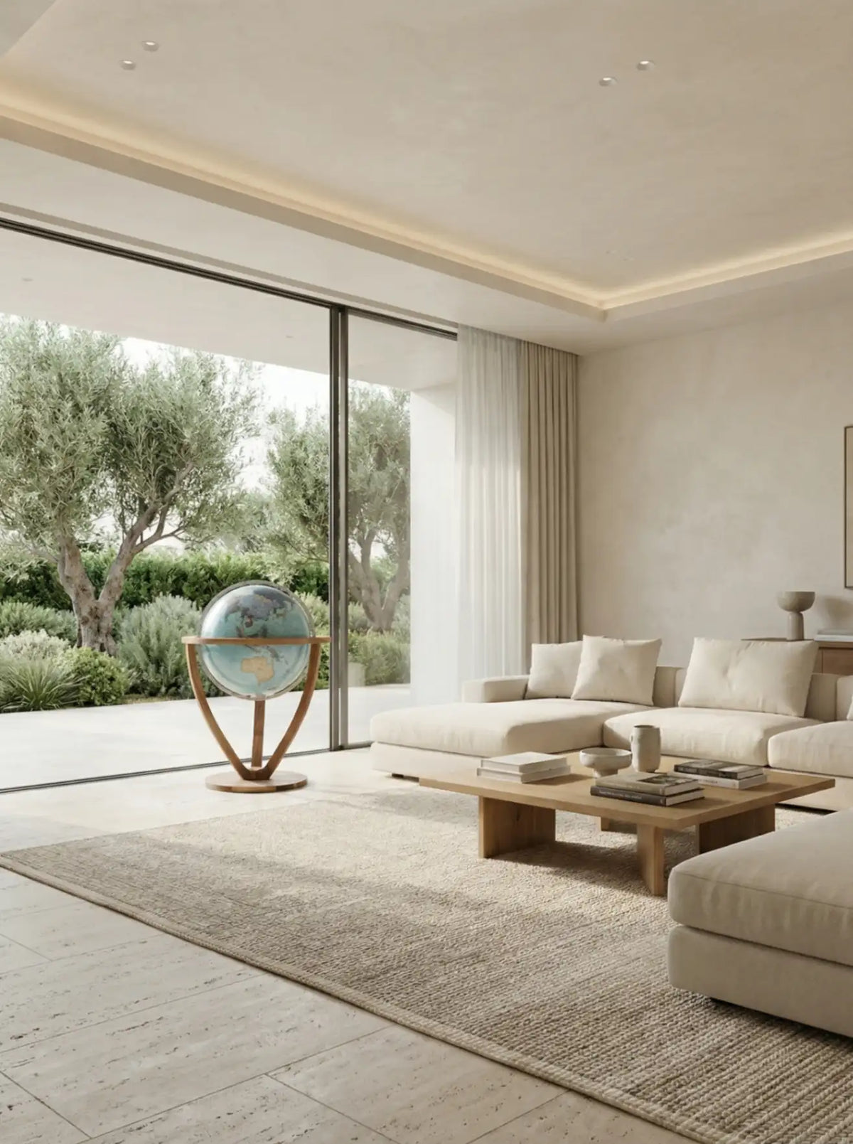 Zoffoli Trilogy: Aquamarine designer globe beside large windows in a bright living room.