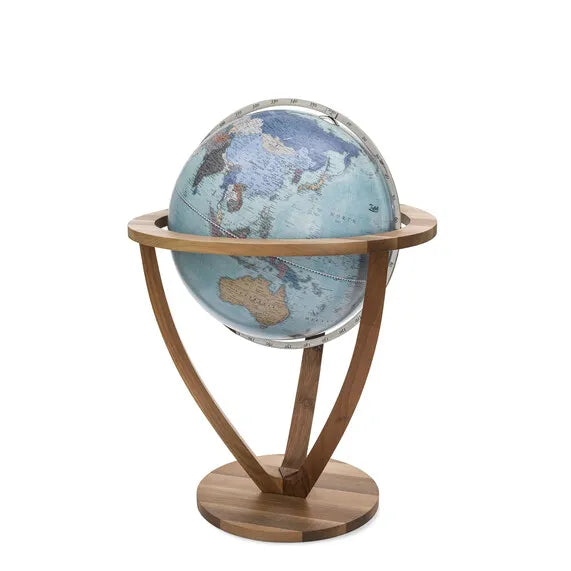 Zoffoli Trilogy: Aquamarine floor globe with a wooden ring and three curved wooden supports.