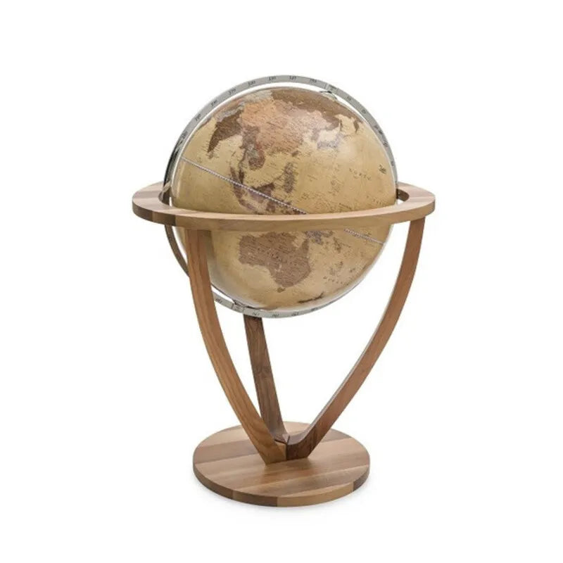 Zoffoli Trilogy: Apricot designer globe with a warm-toned map and curved wooden stand.
