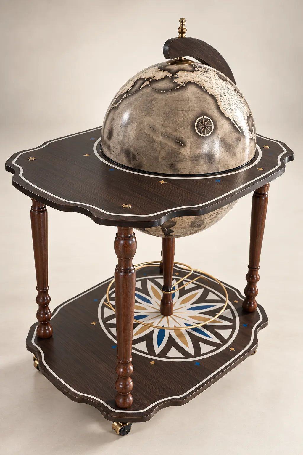 Zoffoli Vesuvio: Noir globe bar trolley with its sphere closed and decorated lower shelf.