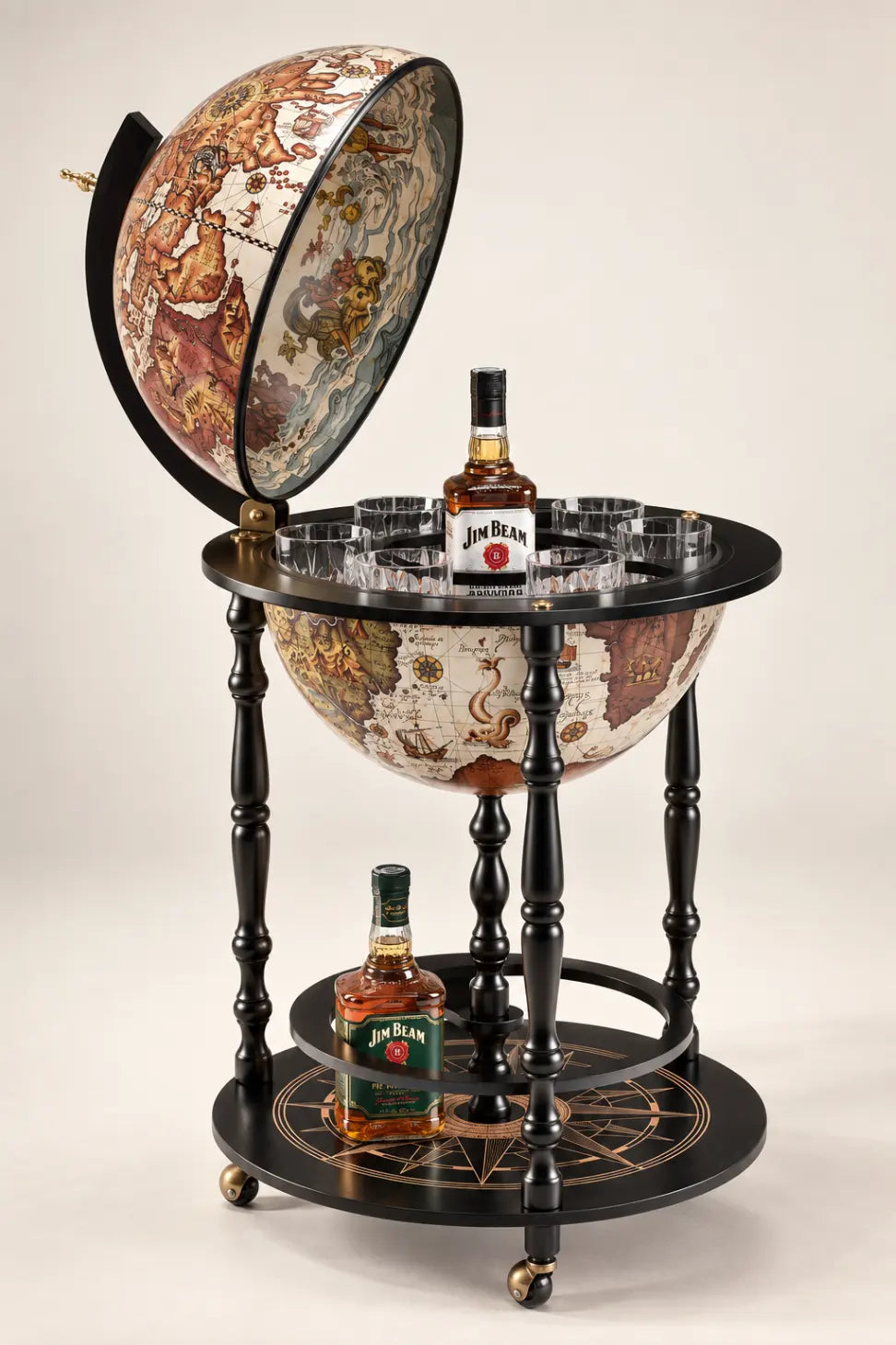 Zoffoli Vulcano: Black globe bar opened with bottles and glasses on the upper tray.
