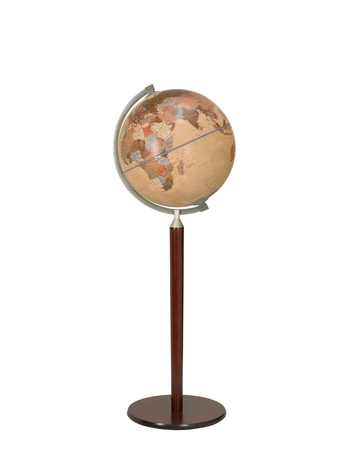Zoffoli Vasco da Gama Apricot floor globe with a warm-toned world map and wooden pedestal.