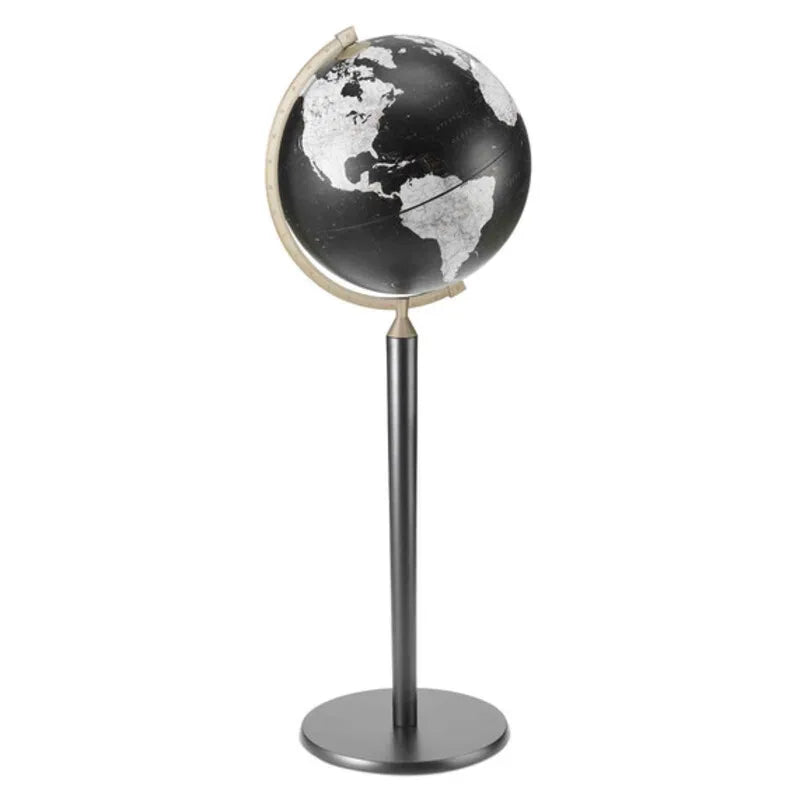 Zoffoli Vasco da Gama Black floor globe with a black-and-white world map and dark pedestal.