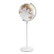 Zoffoli Vasco da Gama White floor globe with a white-and-gold world map and white pedestal.