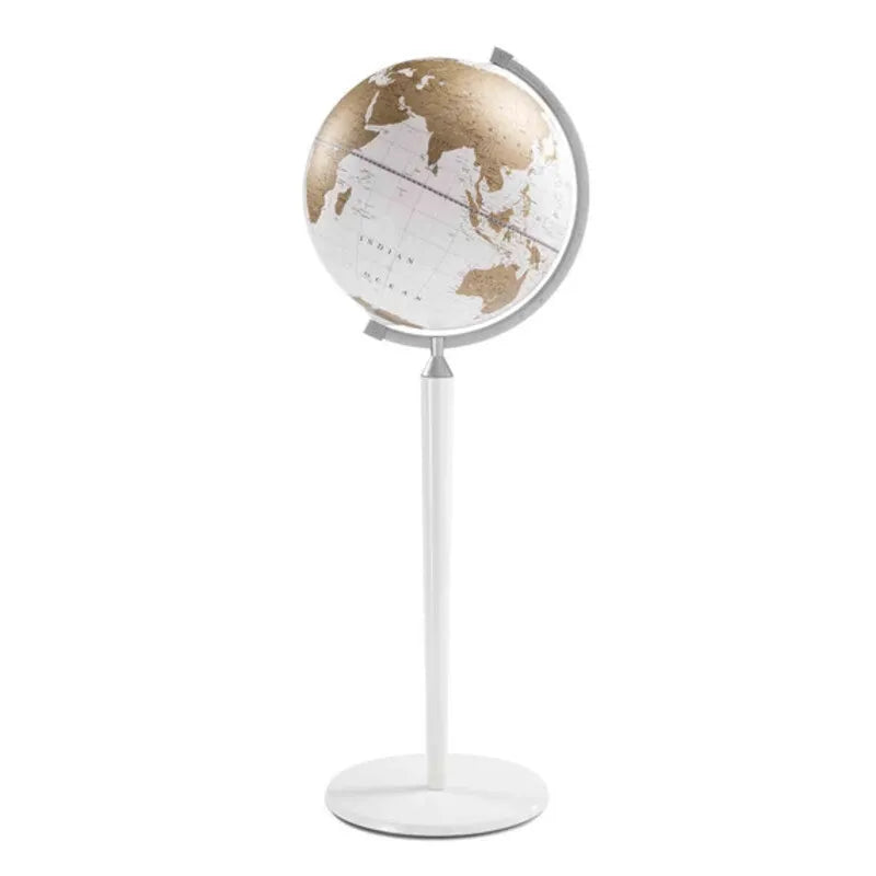 Zoffoli Vasco da Gama White floor globe with a white-and-gold world map and white pedestal.