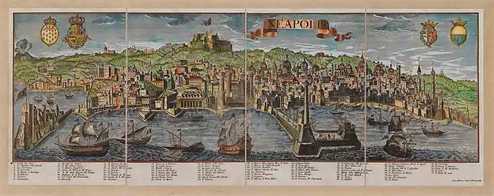 Zoffoli colour antique-style panorama of Naples with buildings, boats and hills.