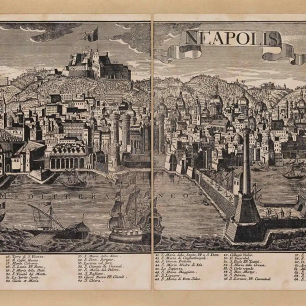 Zoffoli detail of the monochrome Naples panorama and boats in the harbour.