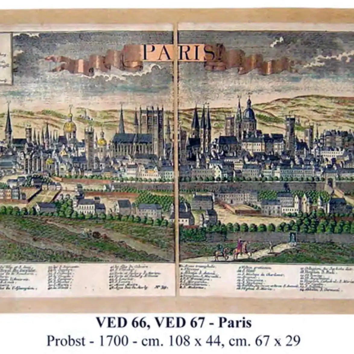 Zoffoli colour antique-style panorama of Paris with city buildings and a decorative border.