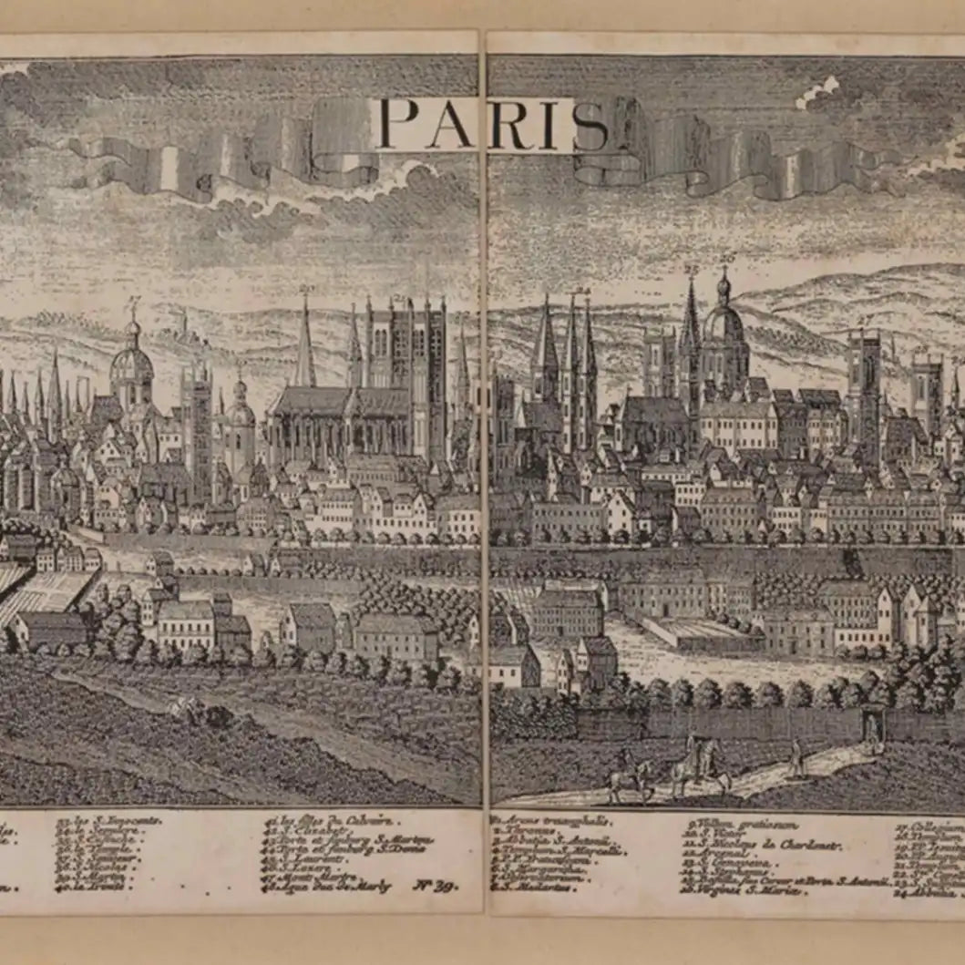 Zoffoli black-and-white antique-style Paris panorama with engraved city buildings.
