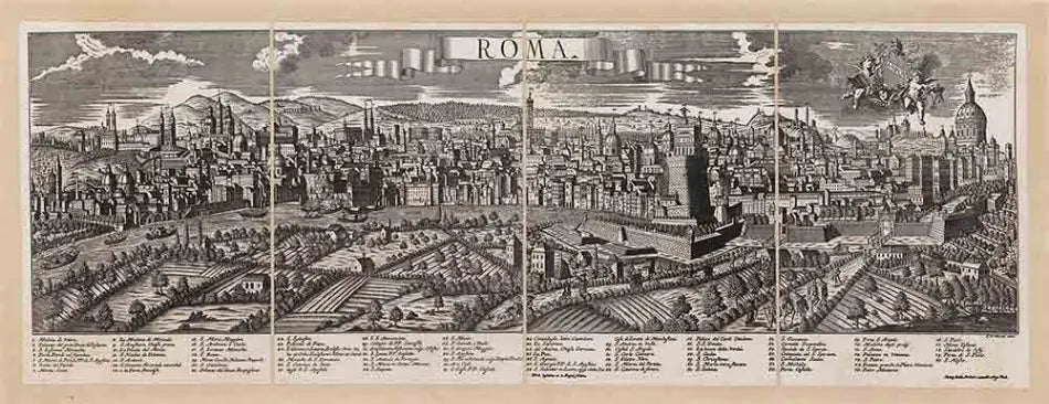 Zoffoli black-and-white antique-style panorama of Rome with architectural landmarks.