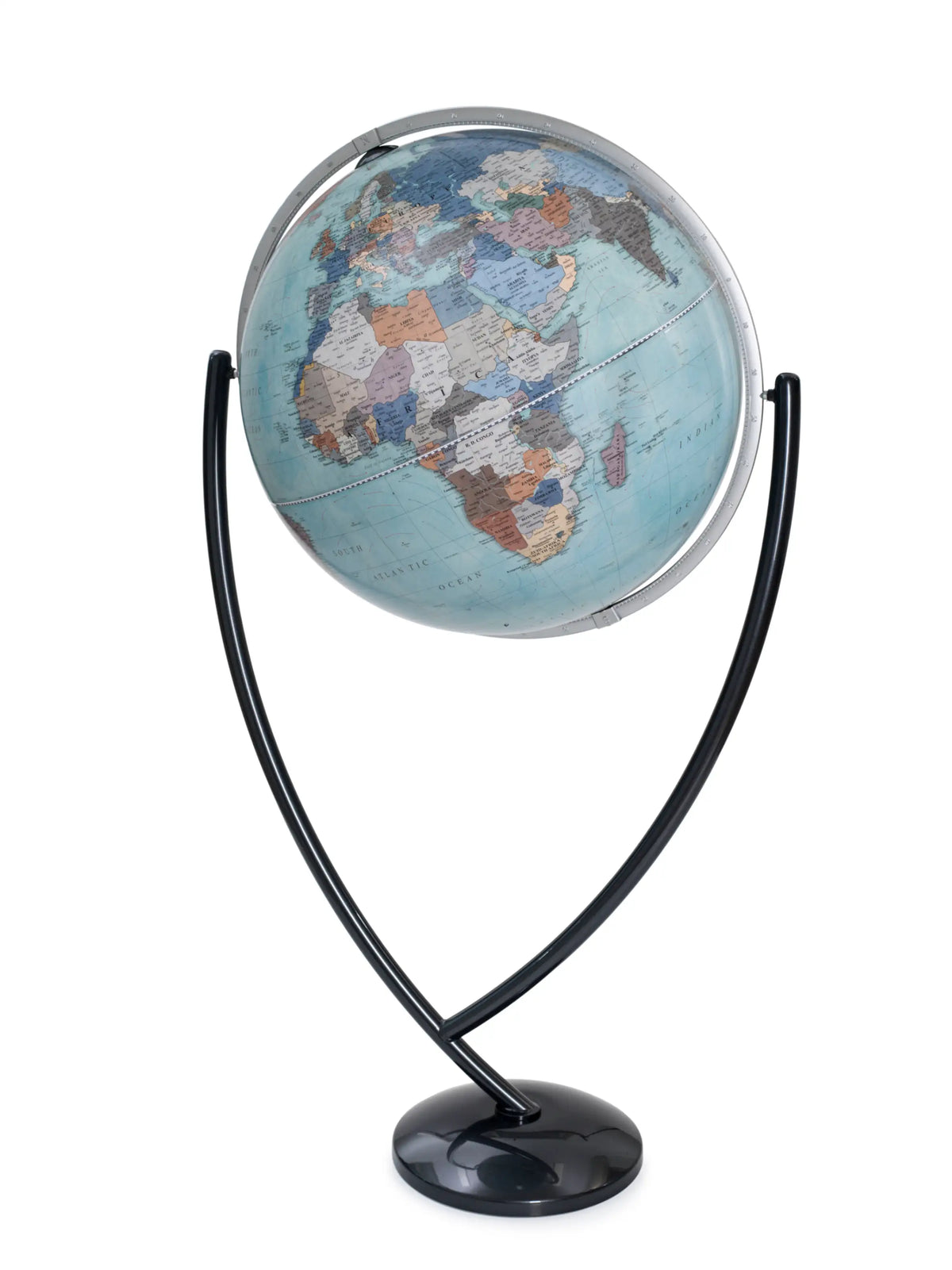 Zoffoli Vega: Aquamarine floor globe with a blue world map and dark curved stand.