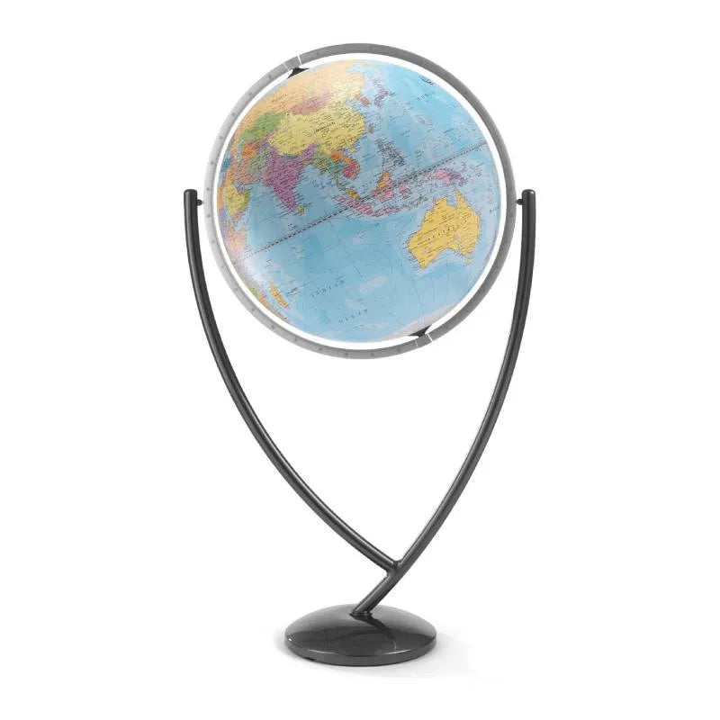 Zoffoli Vega: Blue educational floor globe with a colourful world map and dark stand.