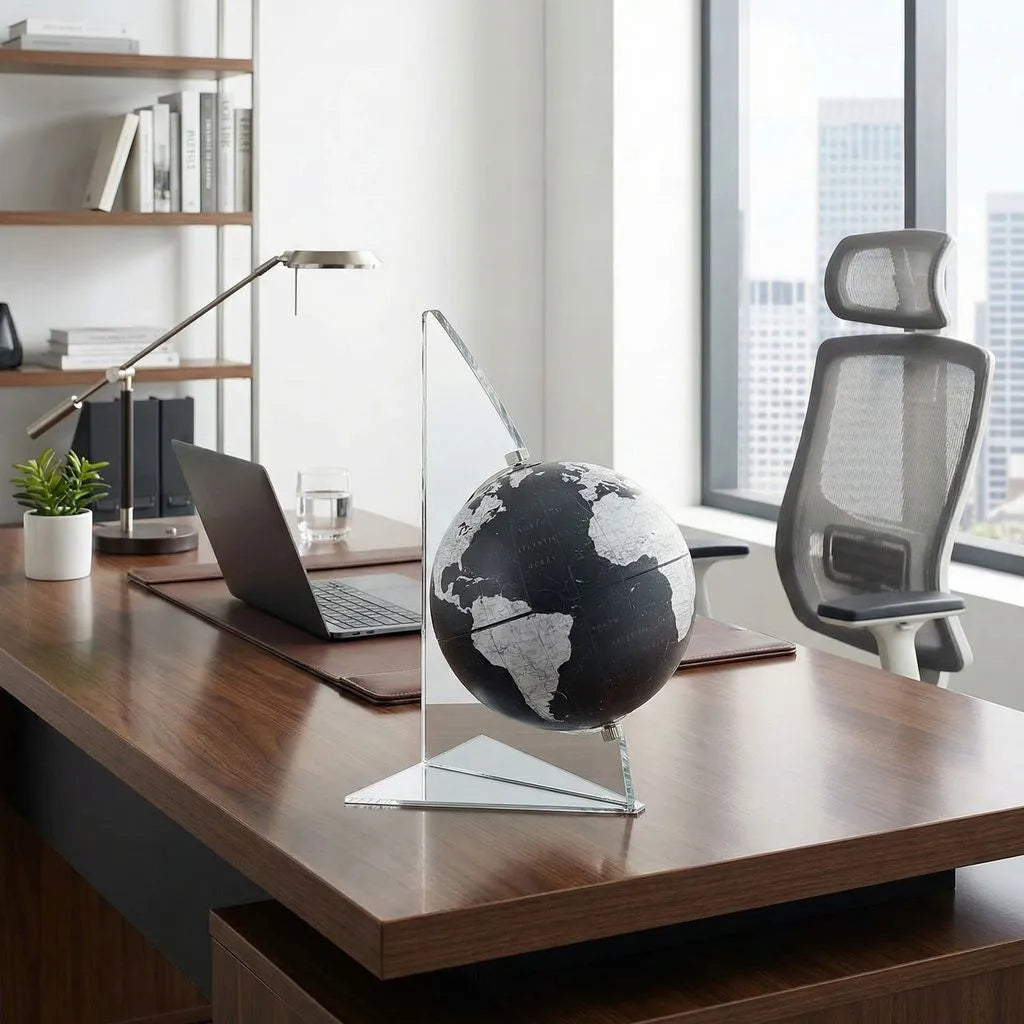 Zoffoli Vela: Black decorative globe on an office desk beside a laptop and chair.