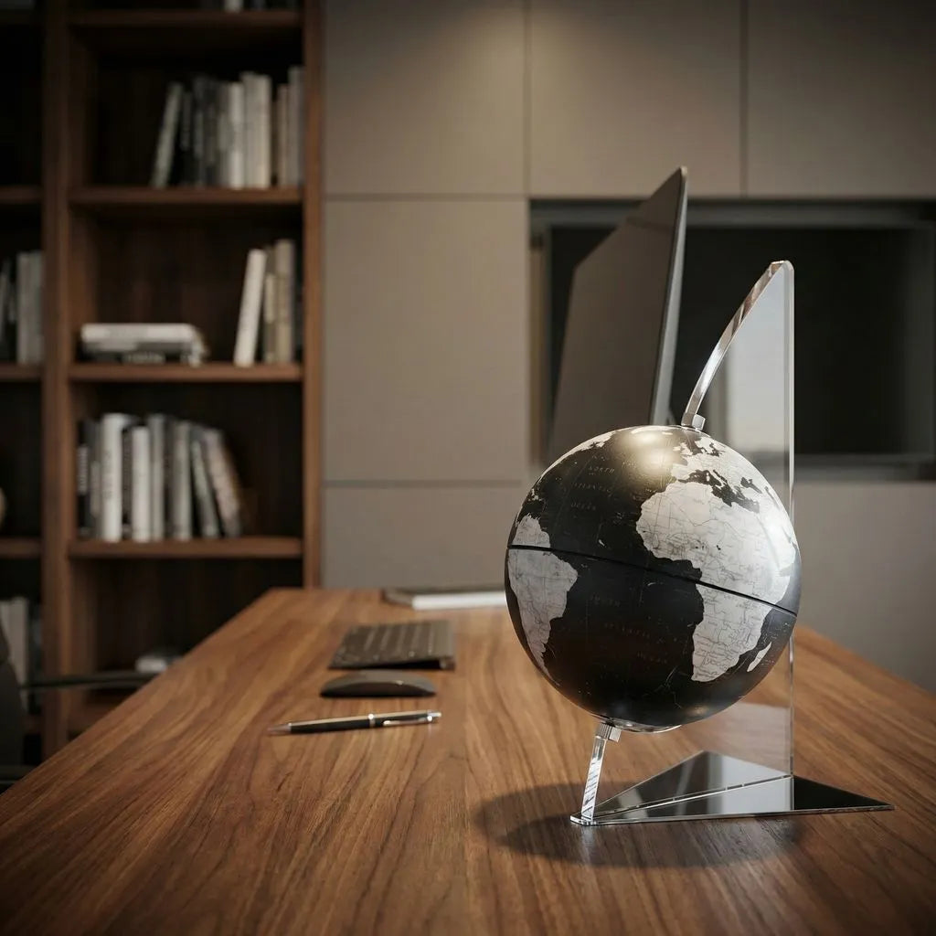 Zoffoli Vela: Black desk globe in a study with a wooden desk and bookcase.