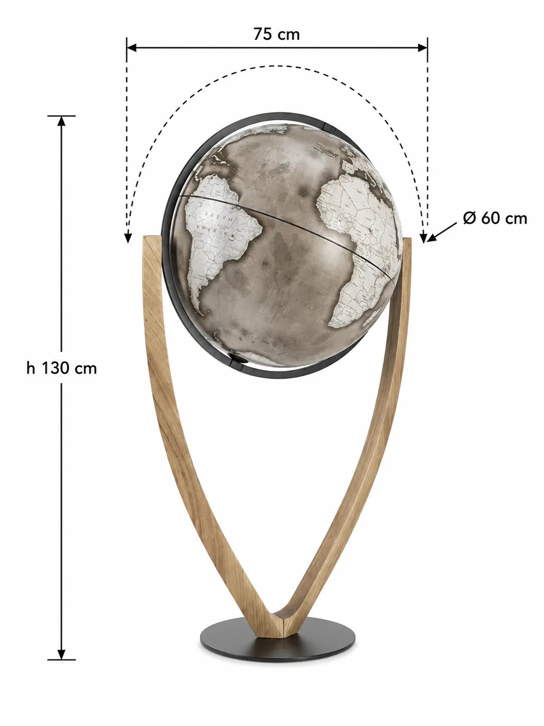 Zoffoli dimension diagram of the Vertigo floor globe showing overall width, height and sphere diameter.