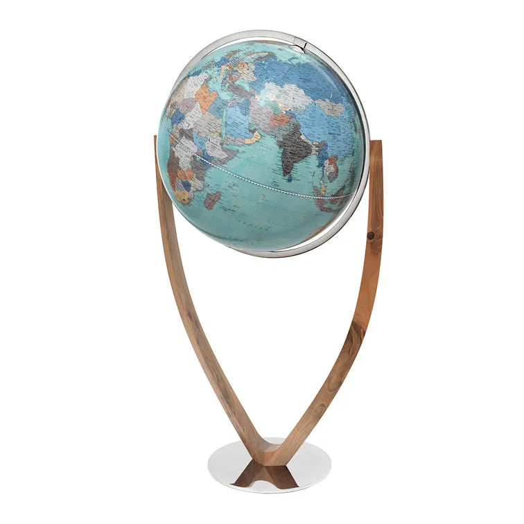Zoffoli Vertigo Aquamarine floor globe with a blue world map, wooden frame and circular metal base.