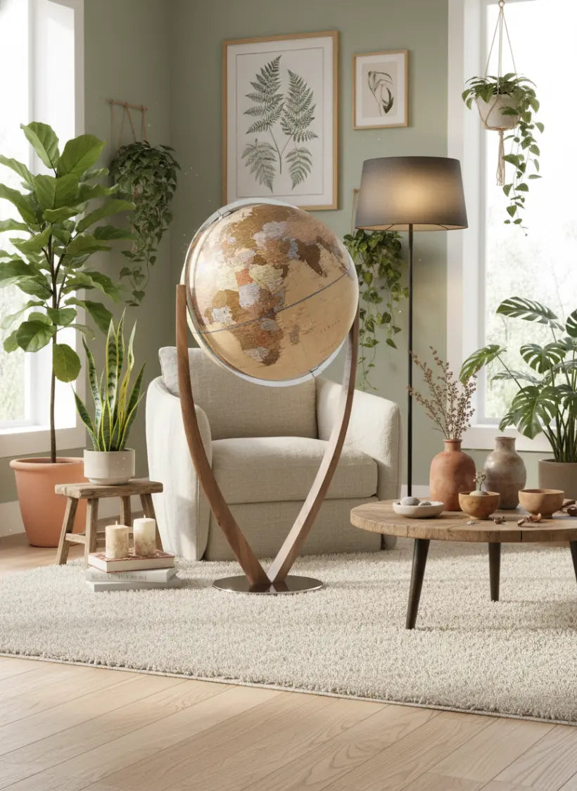 Vertigo Apricot designer globe by Zoffoli in a bright living room with plants and neutral furnishings.