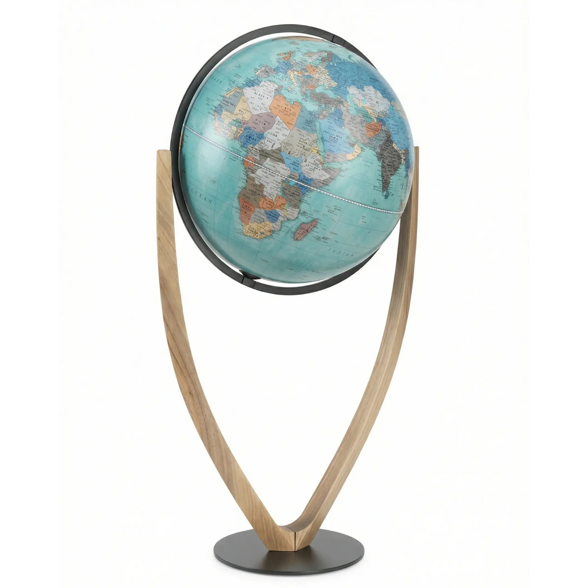 Vertigo Noir Aquamarine globe by Zoffoli, with a blue world map and dark circular base.