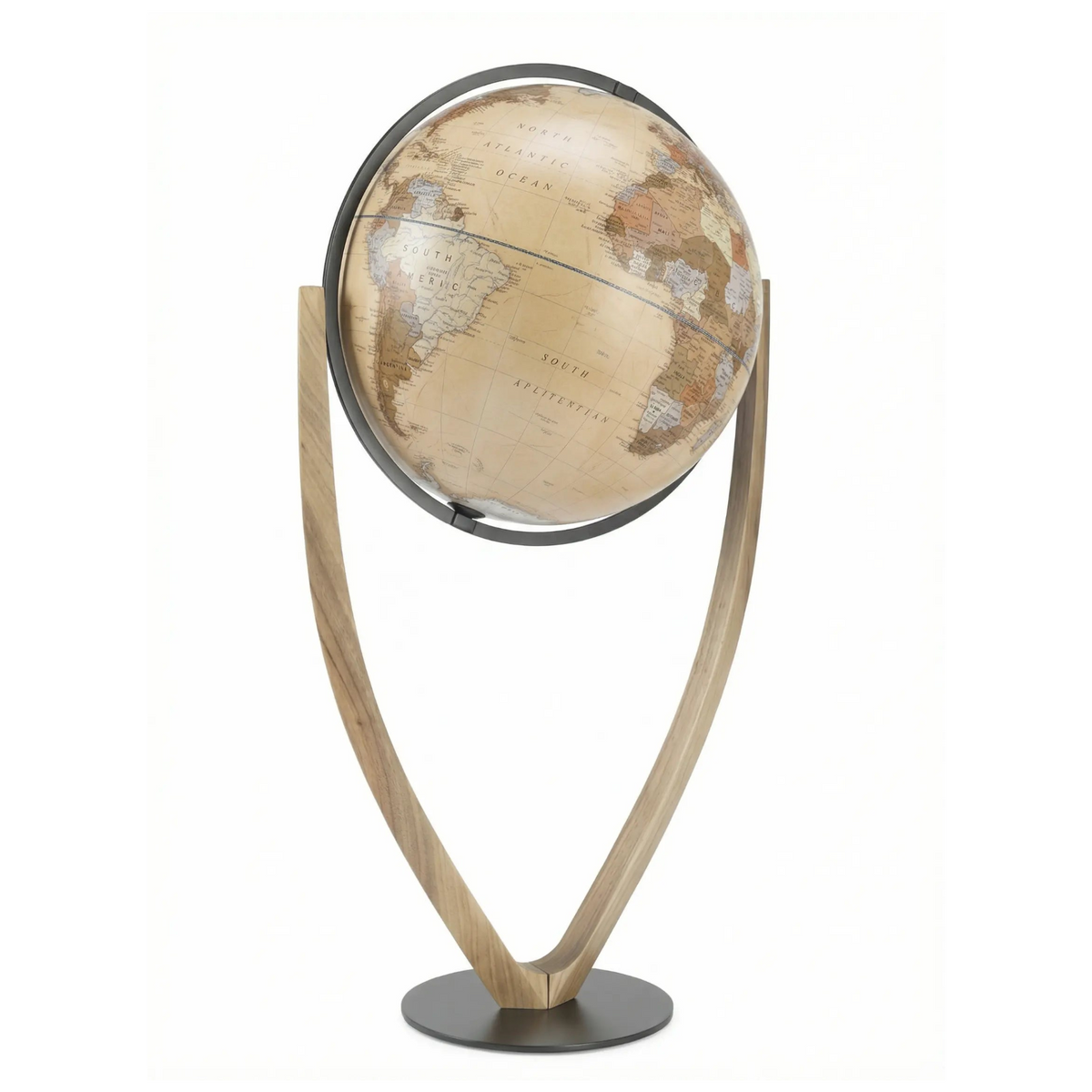 Vertigo Noir Apricot floor globe by Zoffoli, with a warm-toned world map and curved wooden frame.