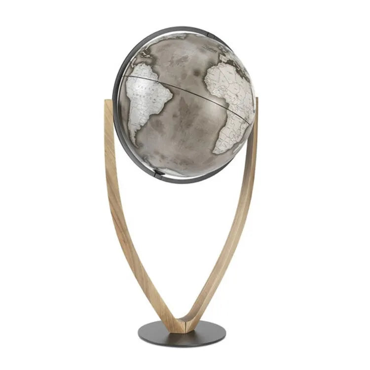 Zoffoli Vertigo Noir designer globe with a dark world map and curved wooden supports.