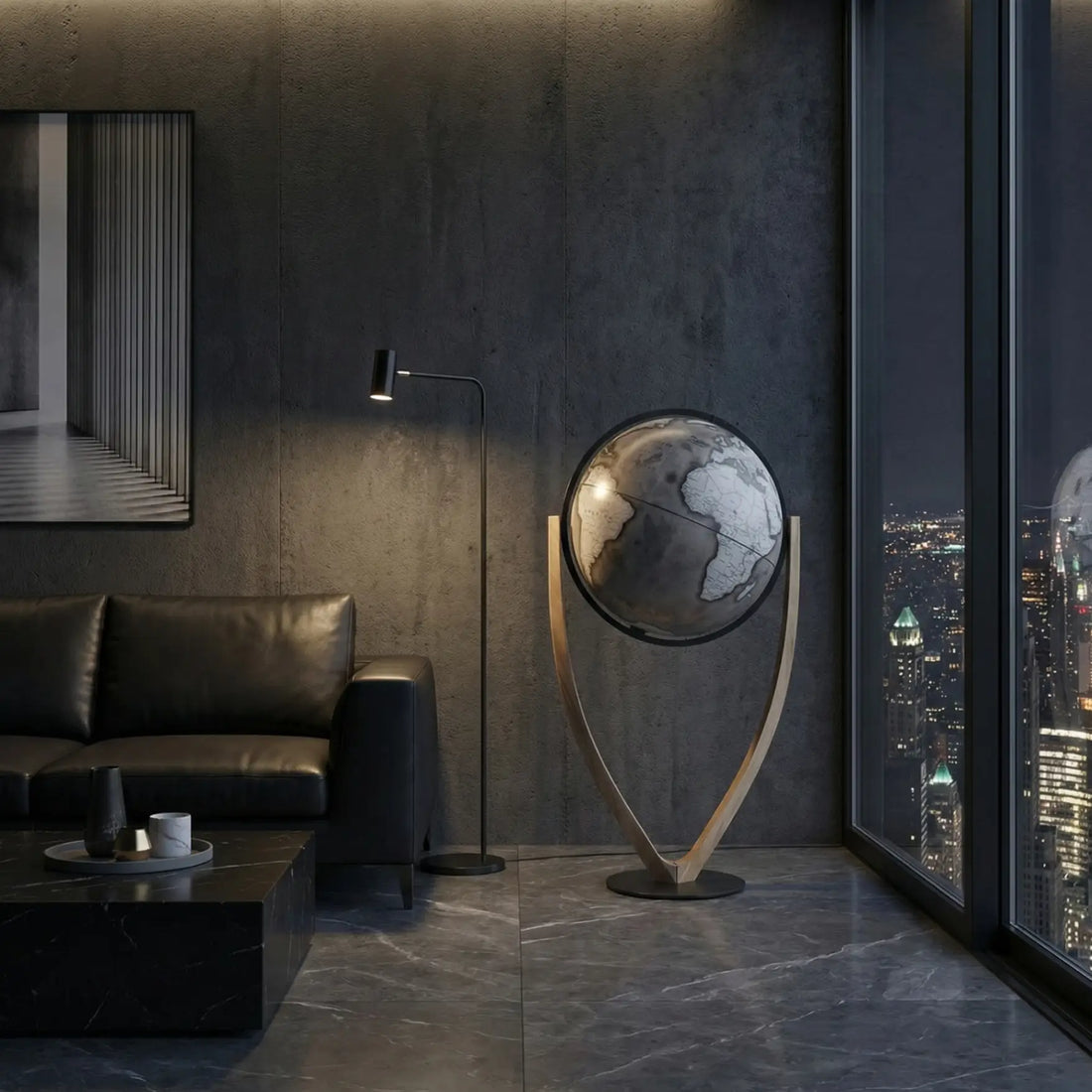 Zoffoli Vertigo: Noir floor globe in a dark living room beside a lamp and large window.
